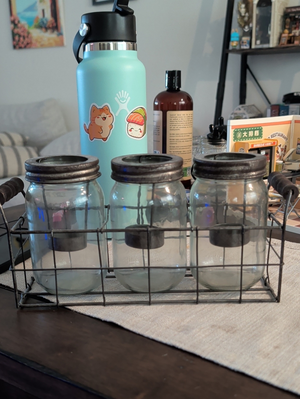 Rustic Mason Jar Trio with Wire Caddy - Glass and Metal. Candle Holder